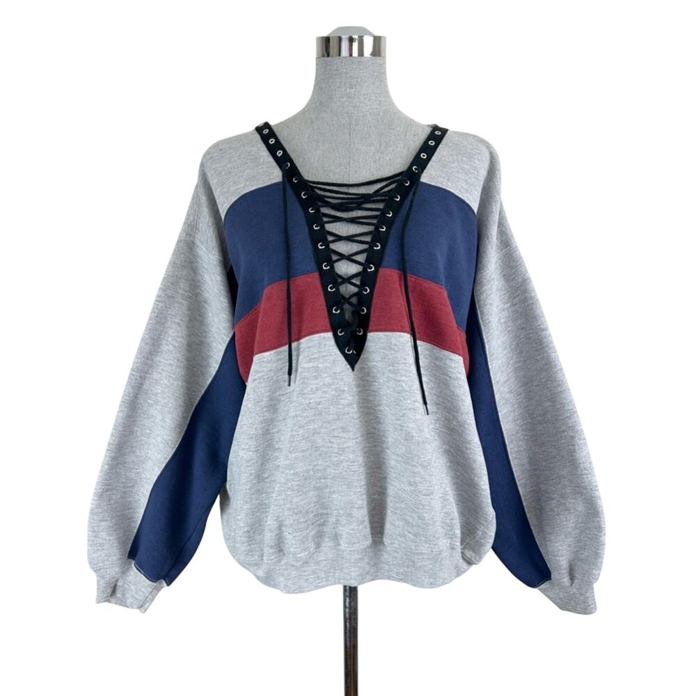 Vintage Reworked Gray‎ Lace-Up Sweatshirt with Blue and Red Stripes